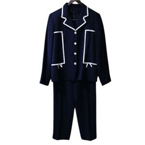 Donna Rico Vintage Navy Blue White Bow Pant Suit 80s 90s 12